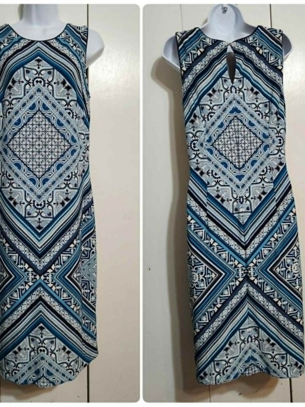 White House Black Market Dress M Blue Geometric Medallion Tile Sleeveless Shift